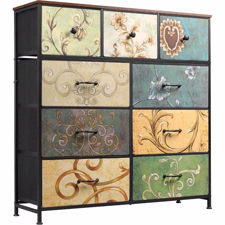 Comodino INONEFT con 9 cassetti in tessuto, mobiletto contenitore con cassetti in tessuto, mobiletto portaoggetti per soggiorno, stile vintage, dimensioni 100x30x100 cm