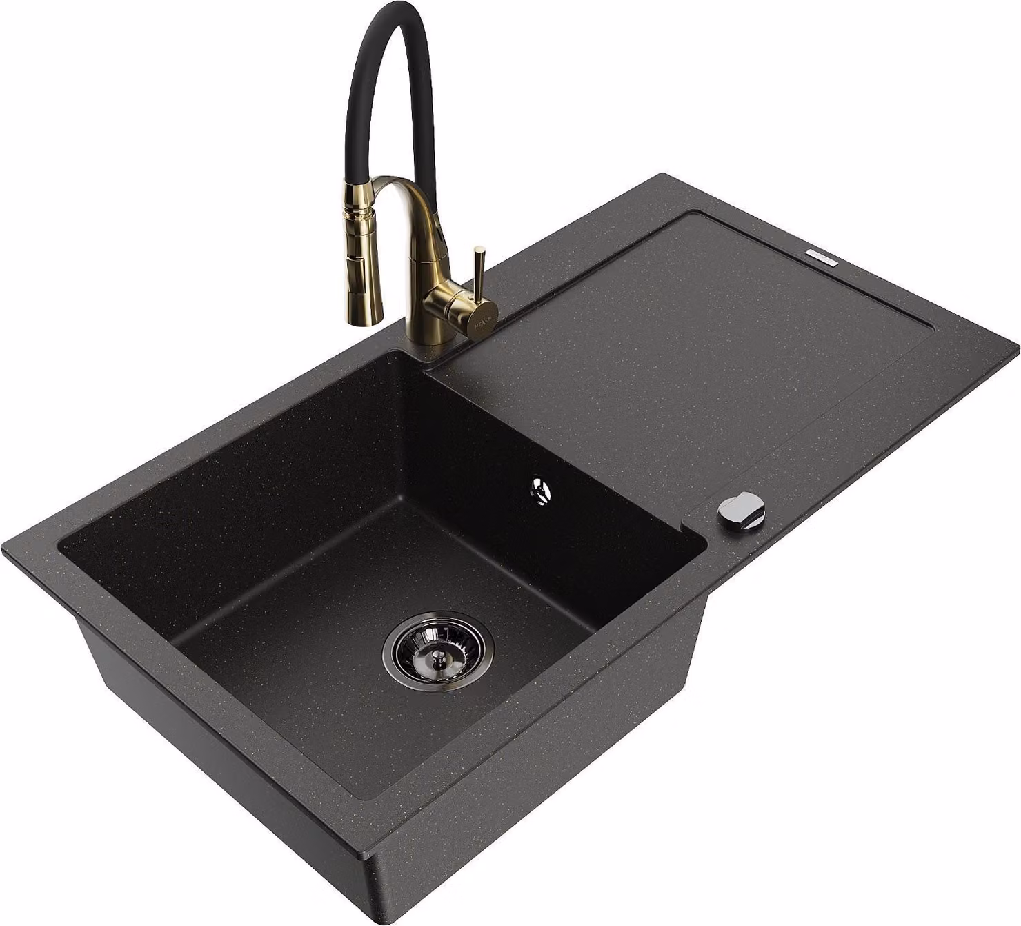 Mexen Leo lavello in granito 1-vasca con sgocciolatoio e rubinetto da cucina Aster, nero/oro metallizzato - 6501-75-73450-57-B