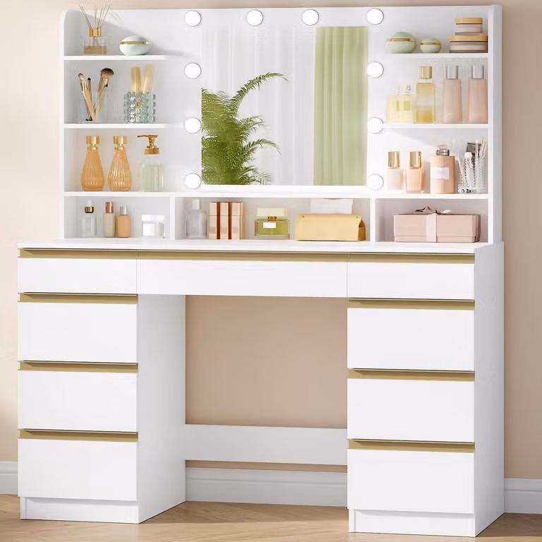 Comò da trucco con illuminazione a LED, 3 tonalità di luce, intensità regolabile, specchio, 9 cassetti, 9 ripiani, bianco e oro