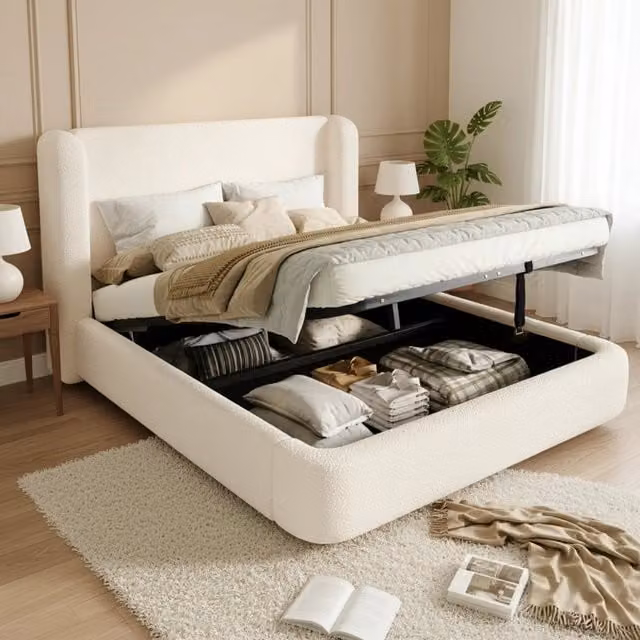 Letto contenitore imbottito ¨C Minimal ¨C Beige boucl¨¦ 160x200 cm con rete a doghe e testiera