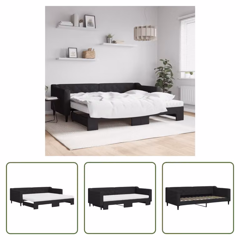 The Living Store Lettino allungabile con materassi nero 90x200 cm in tessuto
