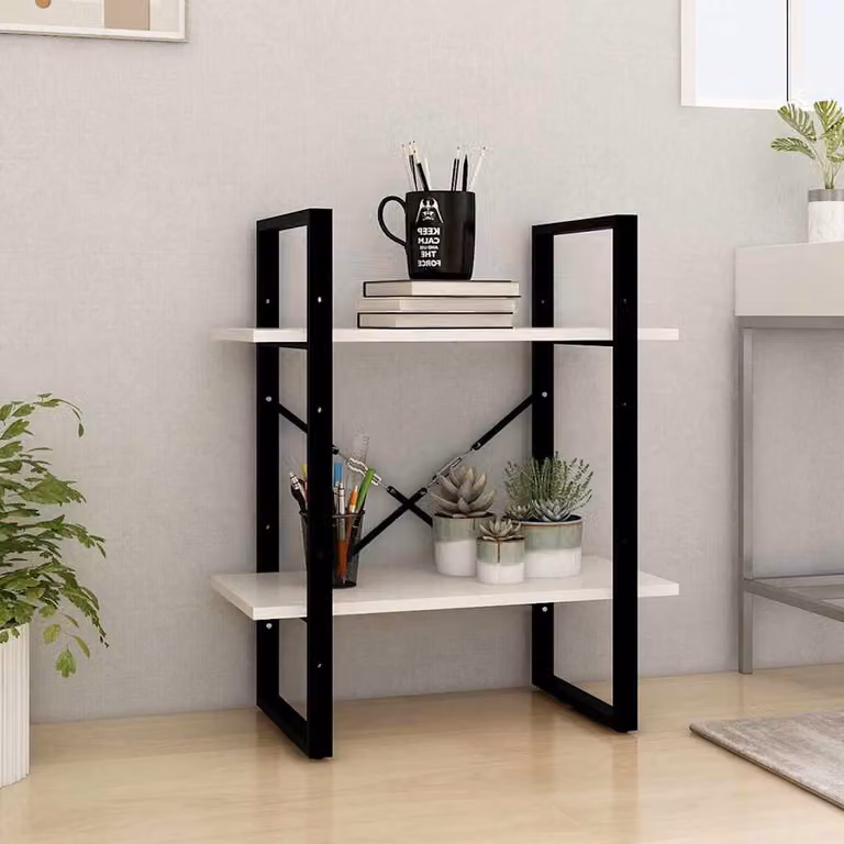vidaXL Libreria a 2 Ripiani in Legno di Pino e Metallo Bianca L: 60 cm, P: 30 cm, H: 70 cm