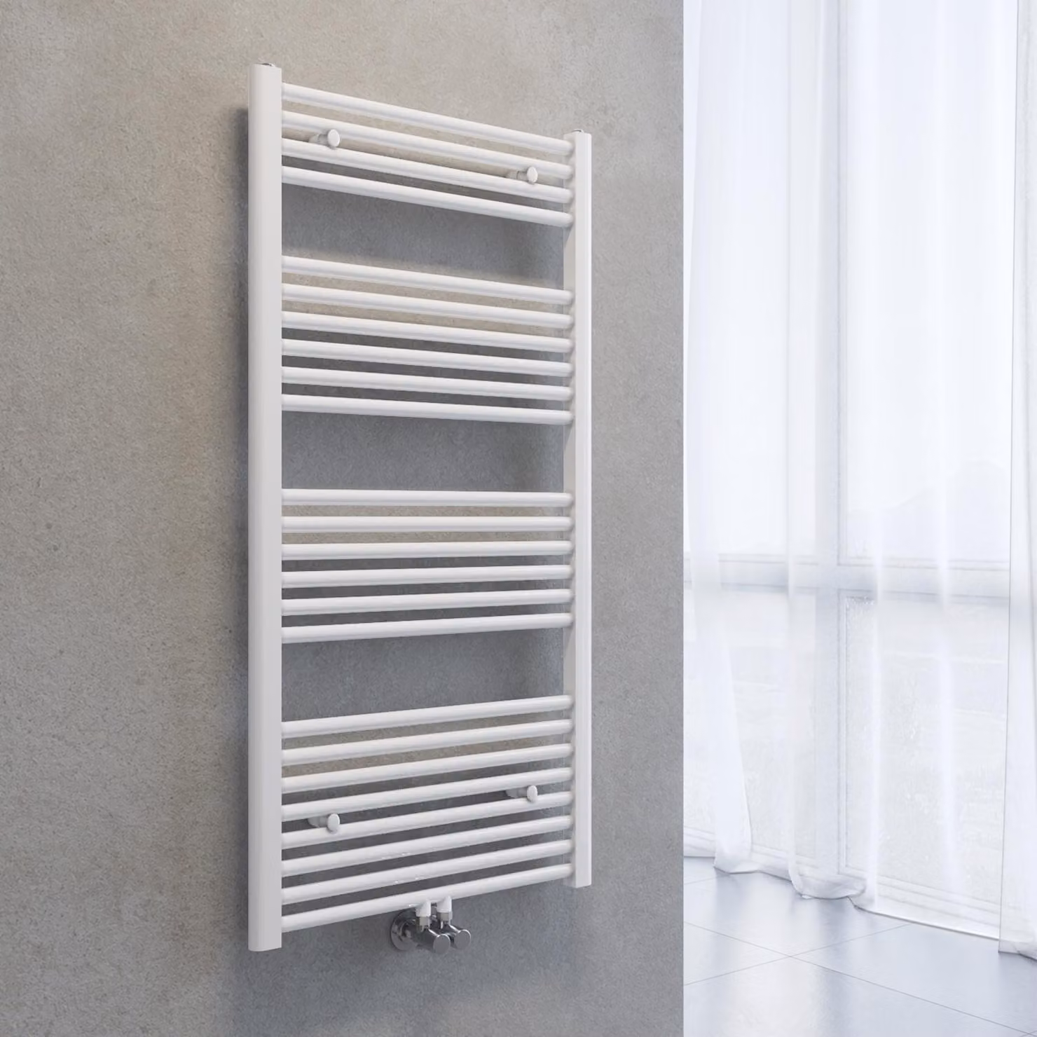 Radiatore asciuga-asciugamani SONNI, dimensioni 1200 x 600 mm, colore bianco, sistema di riscaldamento ad acqua calda, senza resistenza elettrica