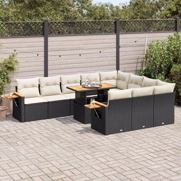 Set di divani da giardino vidaXL 11 pezzi in polyrattan e legno di acacia con cuscini neri e bianchi