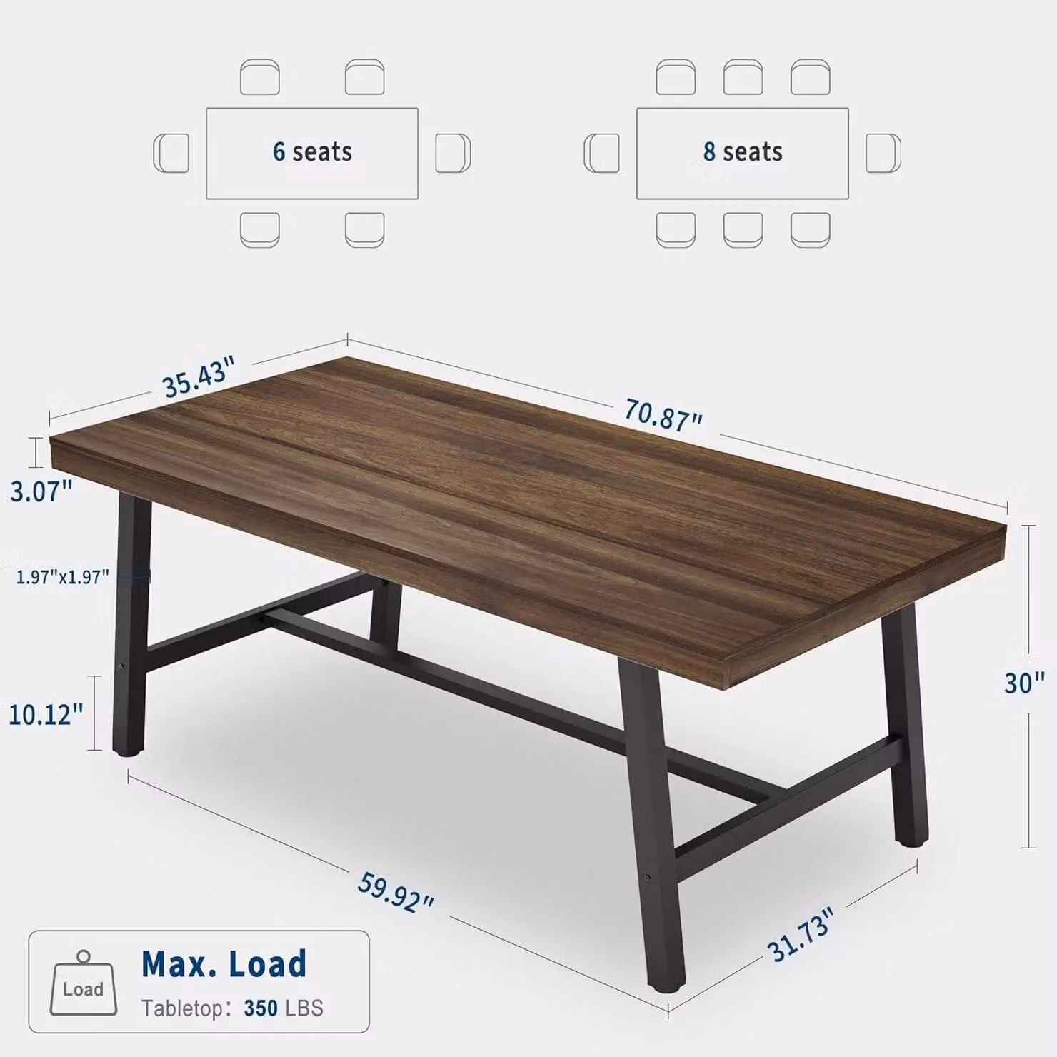 Tavolo da pranzo per 6-8 persone - Tavolo rettangolare per la cucina - Lunghezza 180 cm - Design moderno in stile industriale - Struttura in legno - Colore marrone