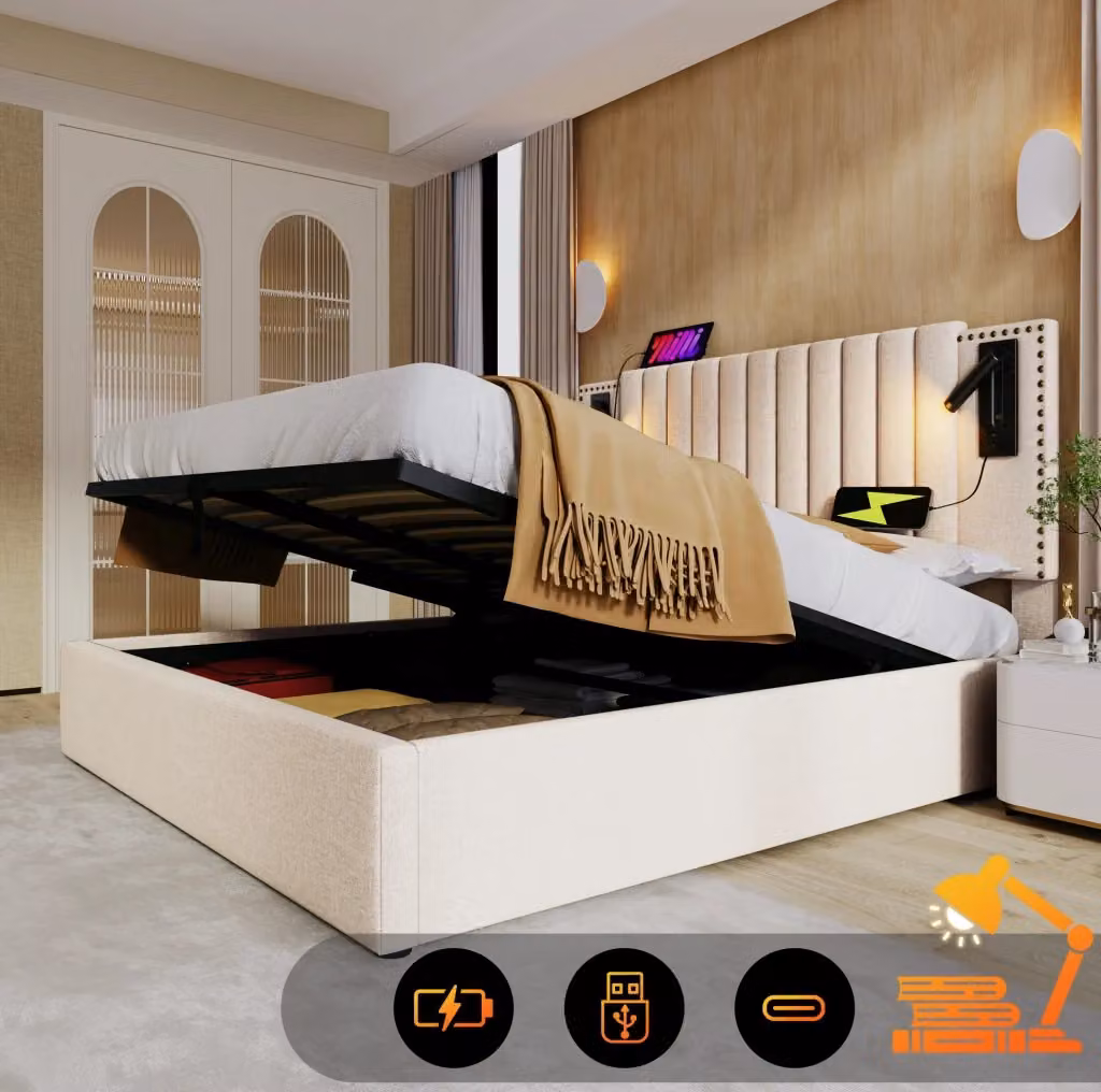 Letto matrimoniale MODFU con contenitore a sollevamento, luce da lettura integrata, porta USB e mensola, rivestimento in tessuto beige, L/P/H: 160 x 200 x 109 cm – 2