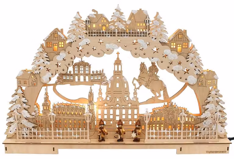 Arco luminoso LED tridimensionale con effetto neve, raffigurante la Frauenkirche di Dresda, altezza 60 cm