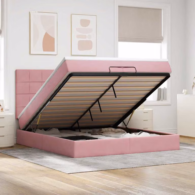 Letto con contenitore a sollevamento vidaXL in velluto rosa e bianco, L 200 x P 200 x H 280 cm