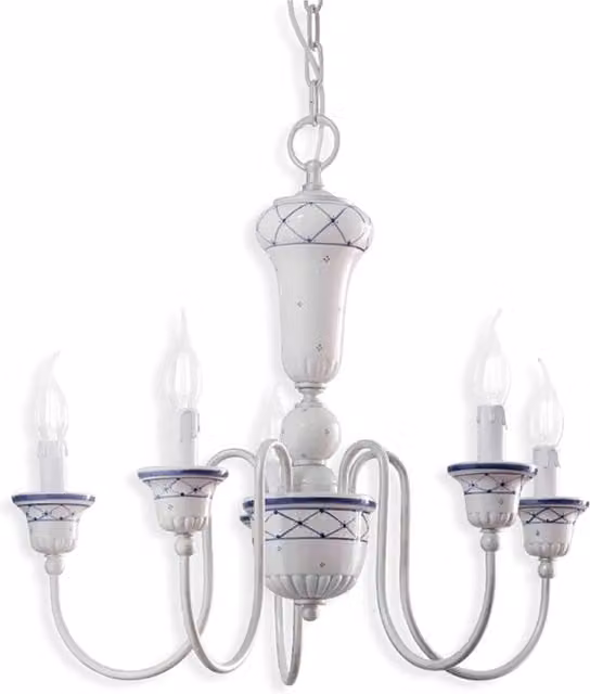 Lampadario Classico Sanremo Metallo E Ceramica Bianco Filo Blu 5 Luci E14