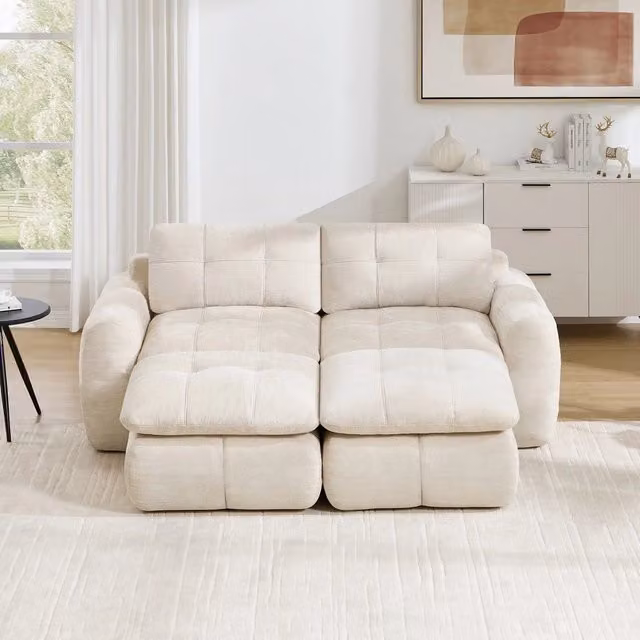 Divano 2 posti con 2 poggiapiedi ¨C Minimal ¨C Beige in chenille trapuntato senza montaggio