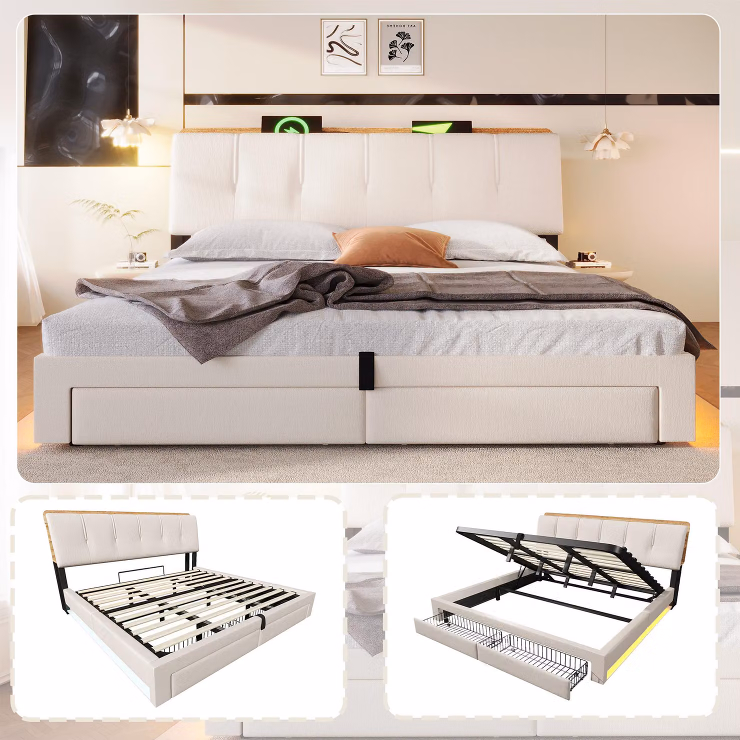 Letto imbottito 180x200 cm con sistema di sollevamento idraulico, cassetti, porte USB e di tipo C, illuminazione LED controllabile tramite touch o app, testiera con vani portaoggetti, colore beige lino