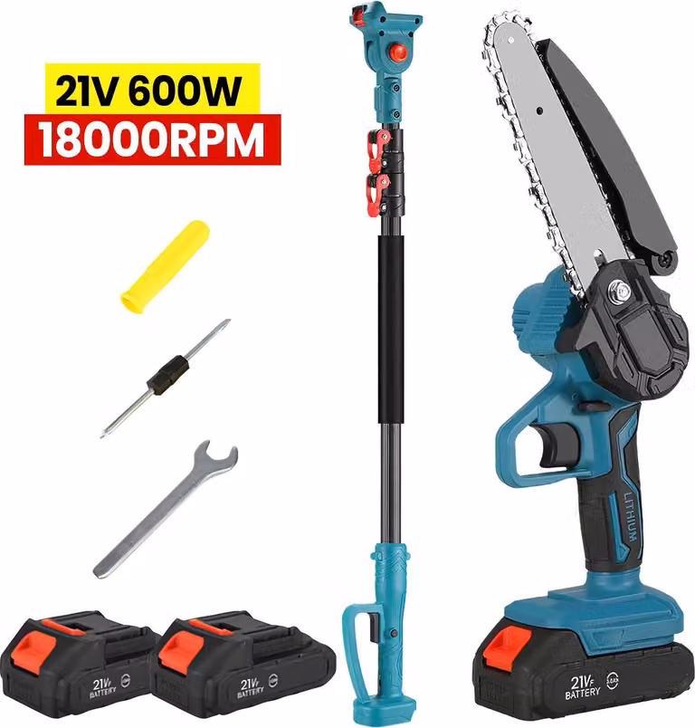 Troncatrice a catena telescopica senza fili - 600 W, alta potenza - lama da 15 cm - lunghezza regolabile - 2 batterie al litio da 21V - ideale per potare alberi in giardino