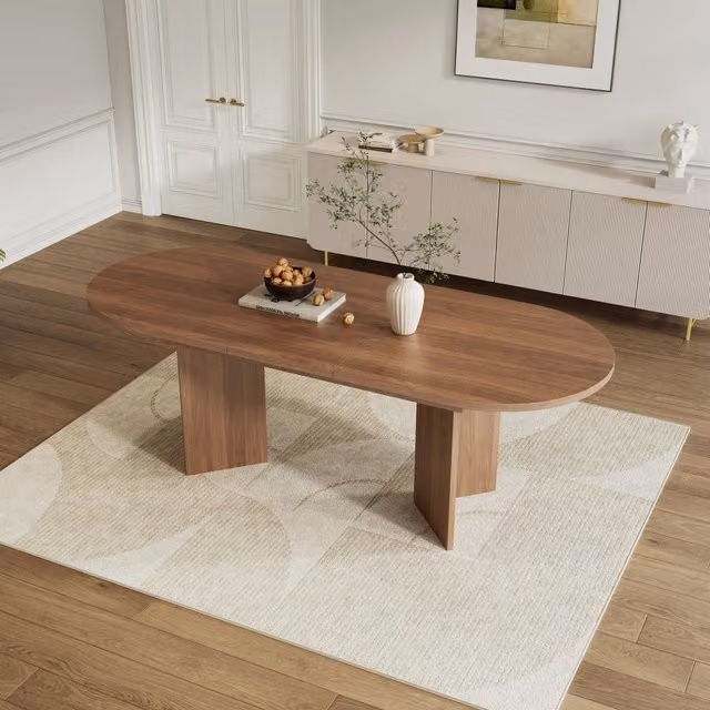 Tavolo allungabile con piano ispessito e angoli arrotondati per sala da pranzo, in MDF, noce, 140 × 90 cm