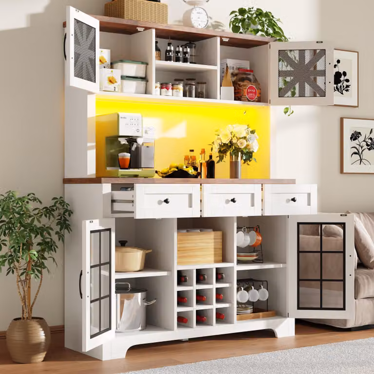 okwish - Armadio alto da cucina, con illuminazione a LED, mobile da cucina con cassetti e spazio contenitivo, cantinetta per vini con ante in vetro. Mensole regolabili in altezza, adatte sia per la cucina che per il soggiorno. Colore: bianco