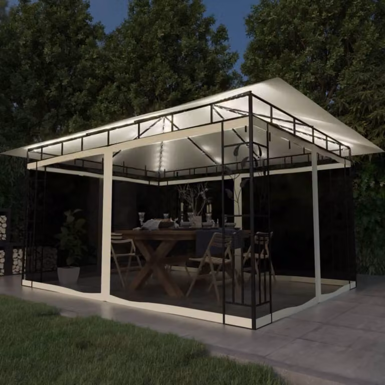 Gazebo The Living Store con zanzariera e luci LED 4x3x2,73m bianco crema
