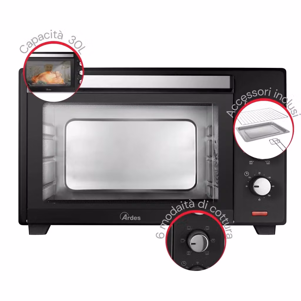 Forno elettrico ventilato Ardes Gustavo nero da 30 litri con funzione aria calda e timer da 1600 W – 2