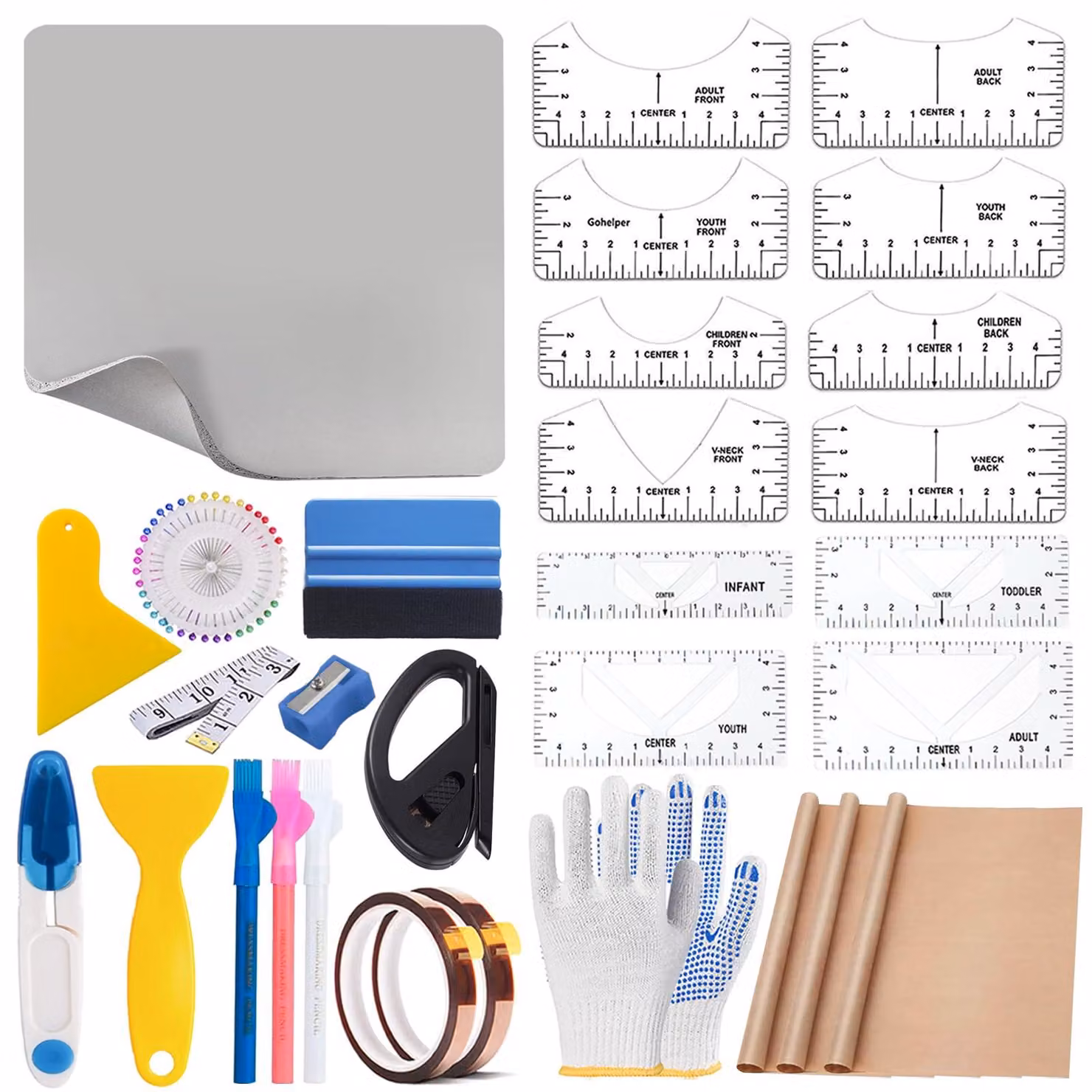 Kit di strumenti per cucito, contenente righelli, fogli di teflon e accessori