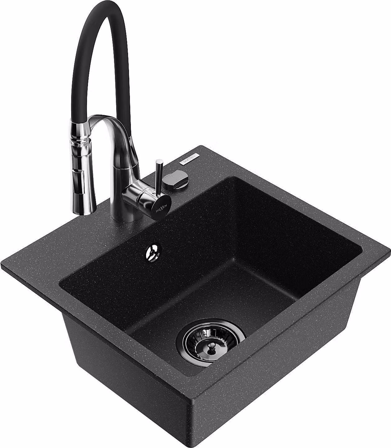 Mexen Milo lavello in granito a 1 vasca con miscelatore da cucina Aster, nero/metallo argento - 6505-73-73450-07-B
