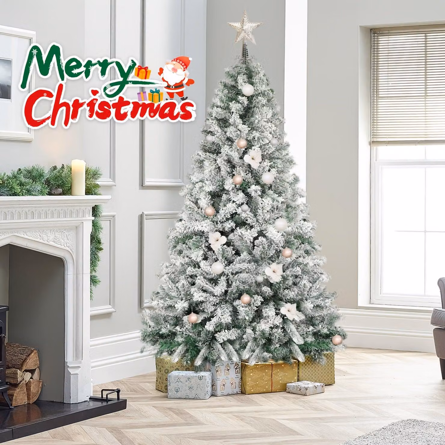 Albero di Natale artificiale - Albero artificiale - Albero di Natale con fiocchi di neve - Abete artificiale - Albero di Natale con effetto neve - Altezza: 210 cm