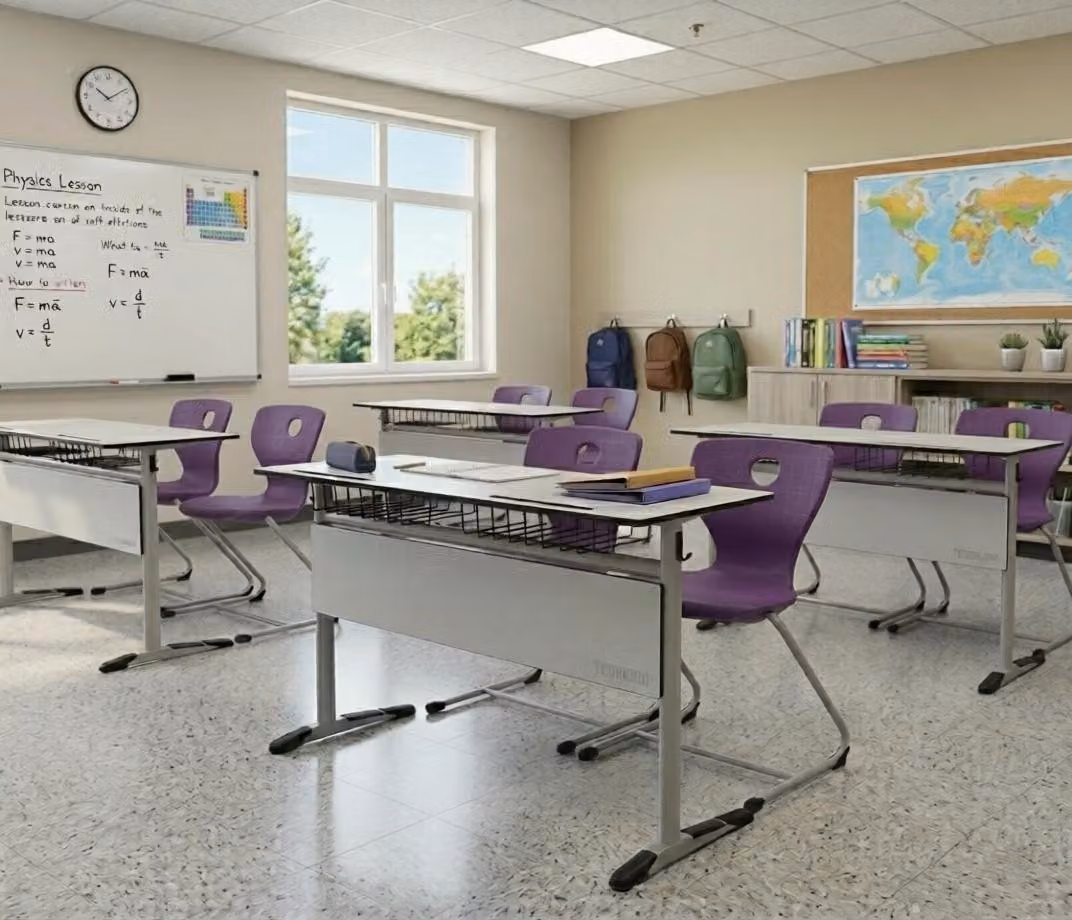 Set scolastico moderno ed ergonomico: scrivania grigia e sedia viola a due posti