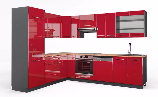 Cucina angolare completa Vicco Fame-Line Bordeaux lucido e Antracite con Rovere, L/P/H: 287 x 227 x 85 cm