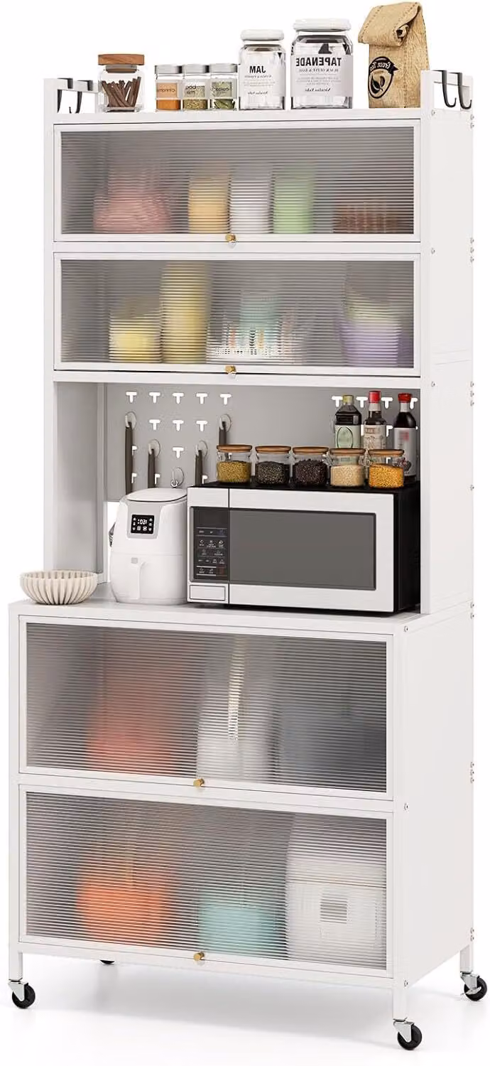 KOMFOTTEU: mobile da cucina a 6 ripiani, credenza con 4 ganci e 10 tasselli, mobile da cucina con piano di lavoro e ante, credenza da cucina con 4 rotelle universali (80 x 40 x 178 cm, bianco)