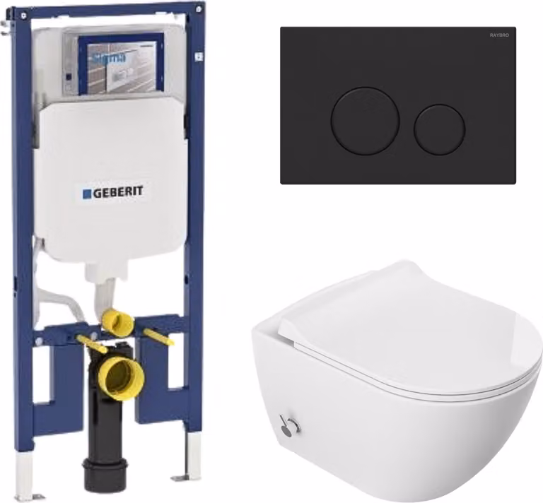 Domotechnika | Set per WC Viba - installazione a parete - bianco - senza brida, chiusura morbida, igienico - elemento pre-muro + cassetta da incasso - pomolo nero opaco