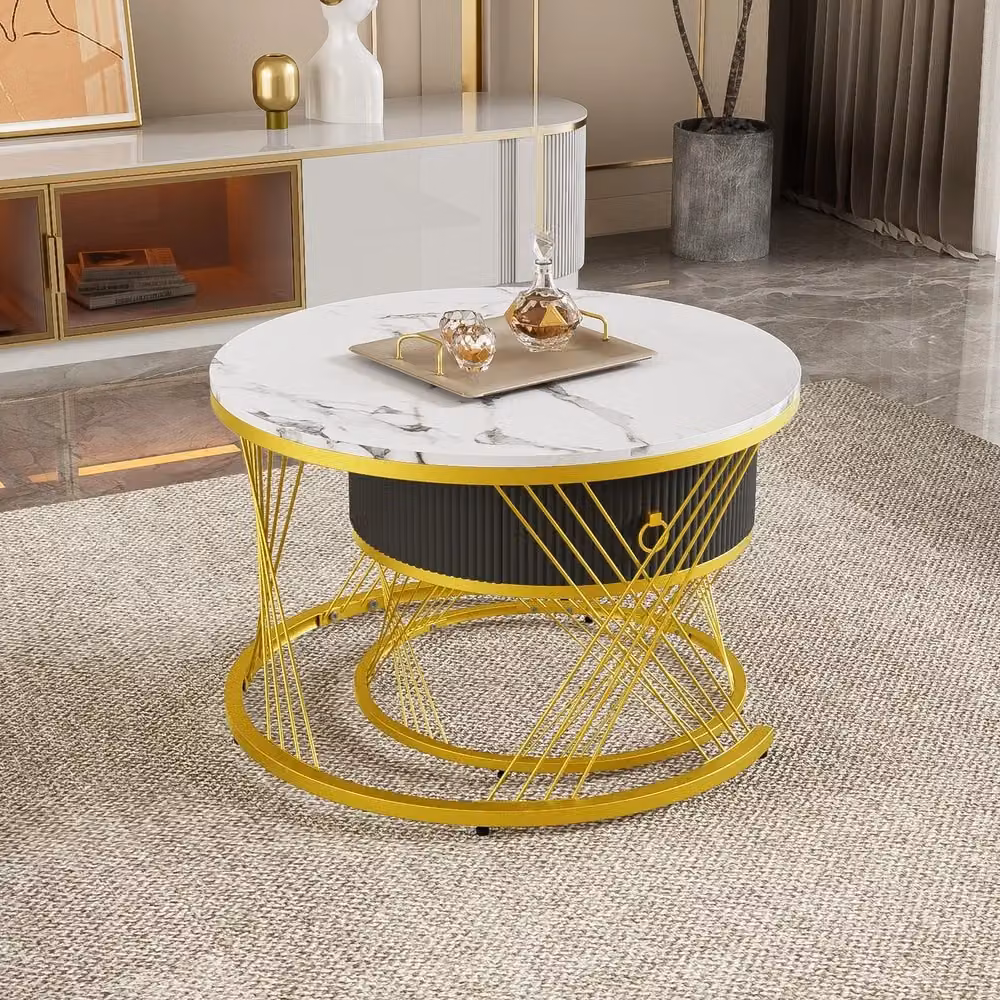 Set di 2 tavolini da caffè MINIMAL con cassetti, design rotondo effetto marmo bianco e decoro dorato – 2