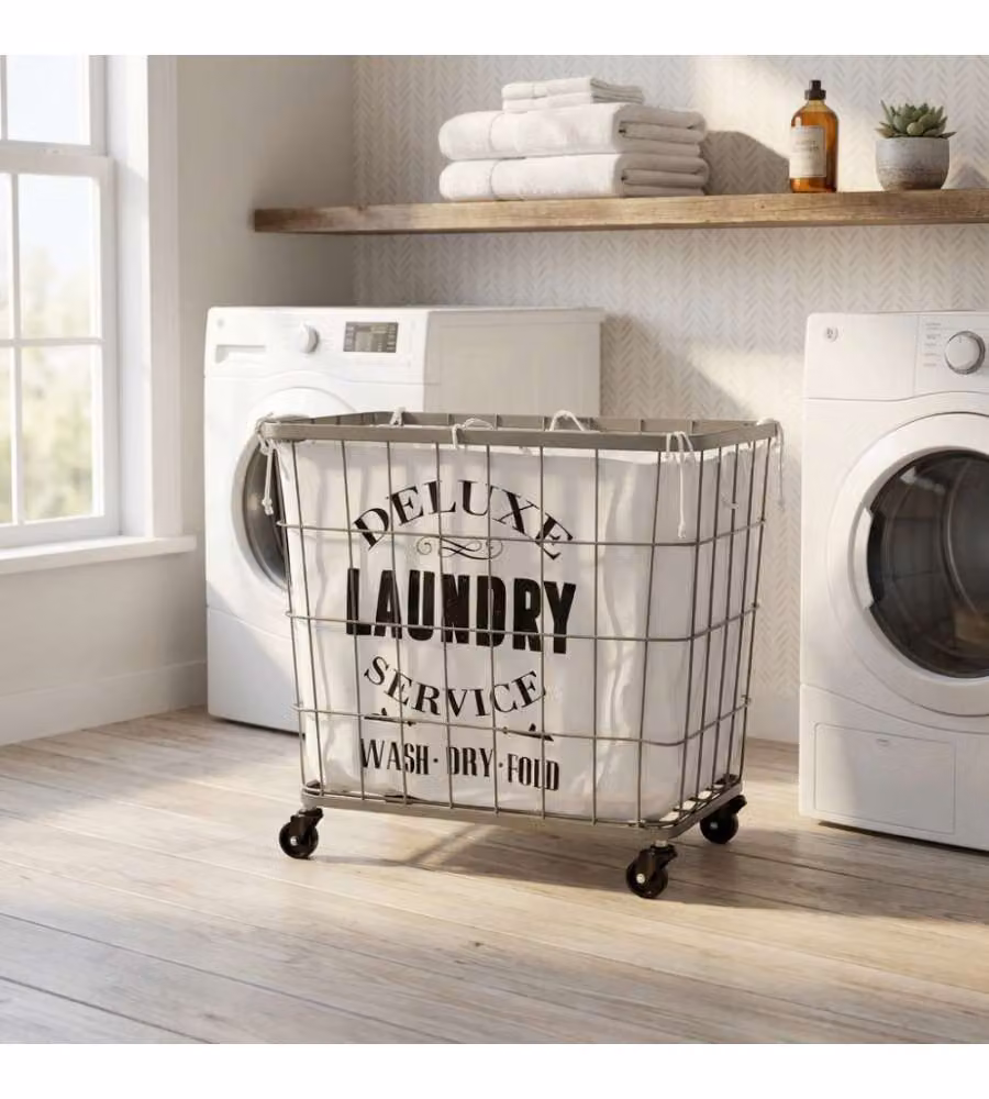Cosma Porta Biancheria Ferro e Stoffa Bianco 48x35,5x44 cm Stile Industrial