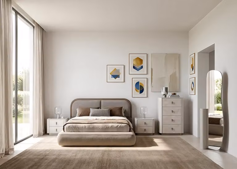 Set per camera da letto: letto, comodini, cassettiera, colore beige, design moderno e