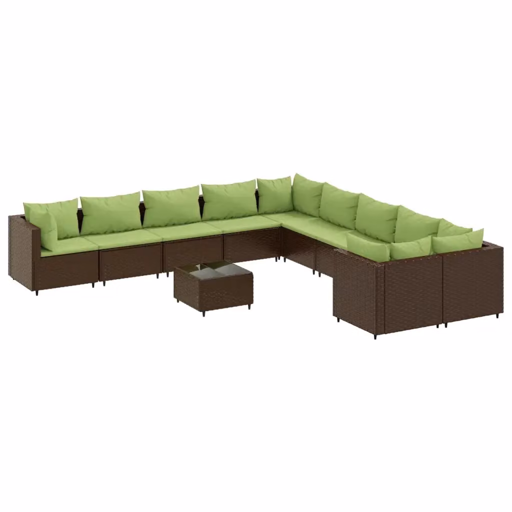 Set di Divani da Giardino vidaXL 11 Pezzi a Forma di U con Cuscini in Polyrattan Marrone e Verde e Tavolino da Esterno – 2