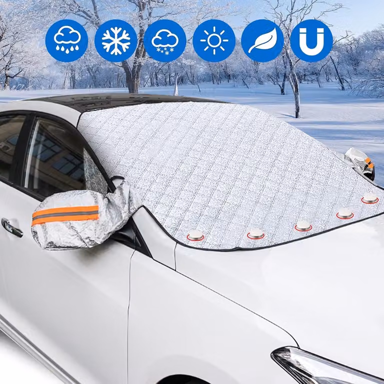 Copertura per parabrezza auto con copertura per specchietti laterali, copertura per finestrini auto invernale con magneti, copertura per parabrezza per neve, ghiaccio, gelo, polvere e sole (145 x 120 cm)