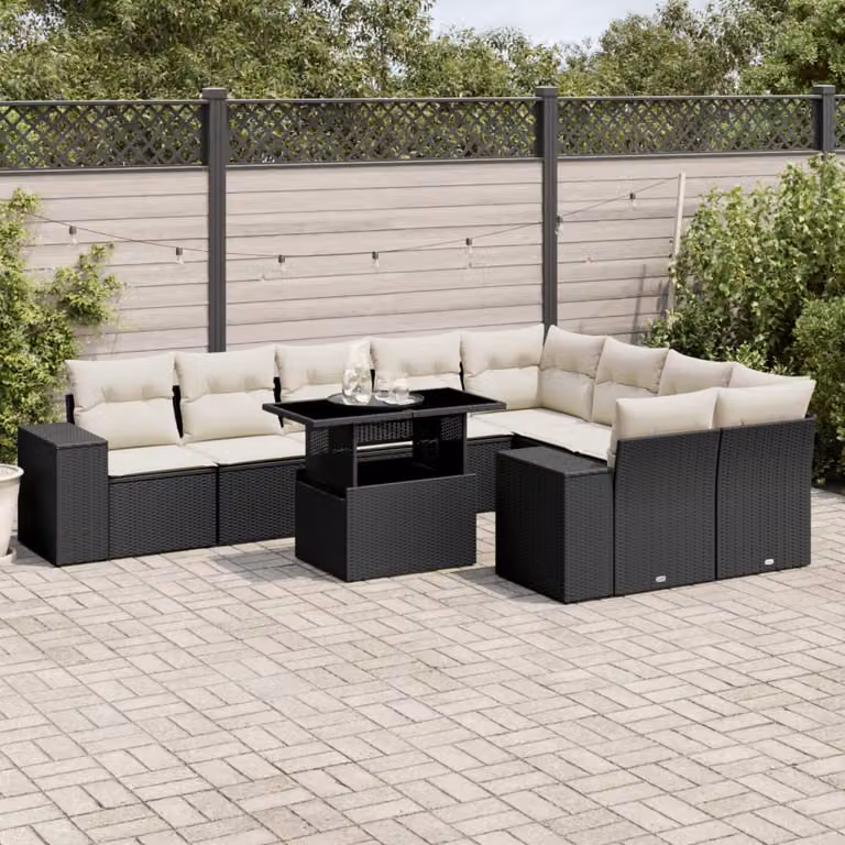 vidaXL Set Divani da Giardino a Forma di L in Polyrattan Nero con Cuscini e Tavolino da Caffè