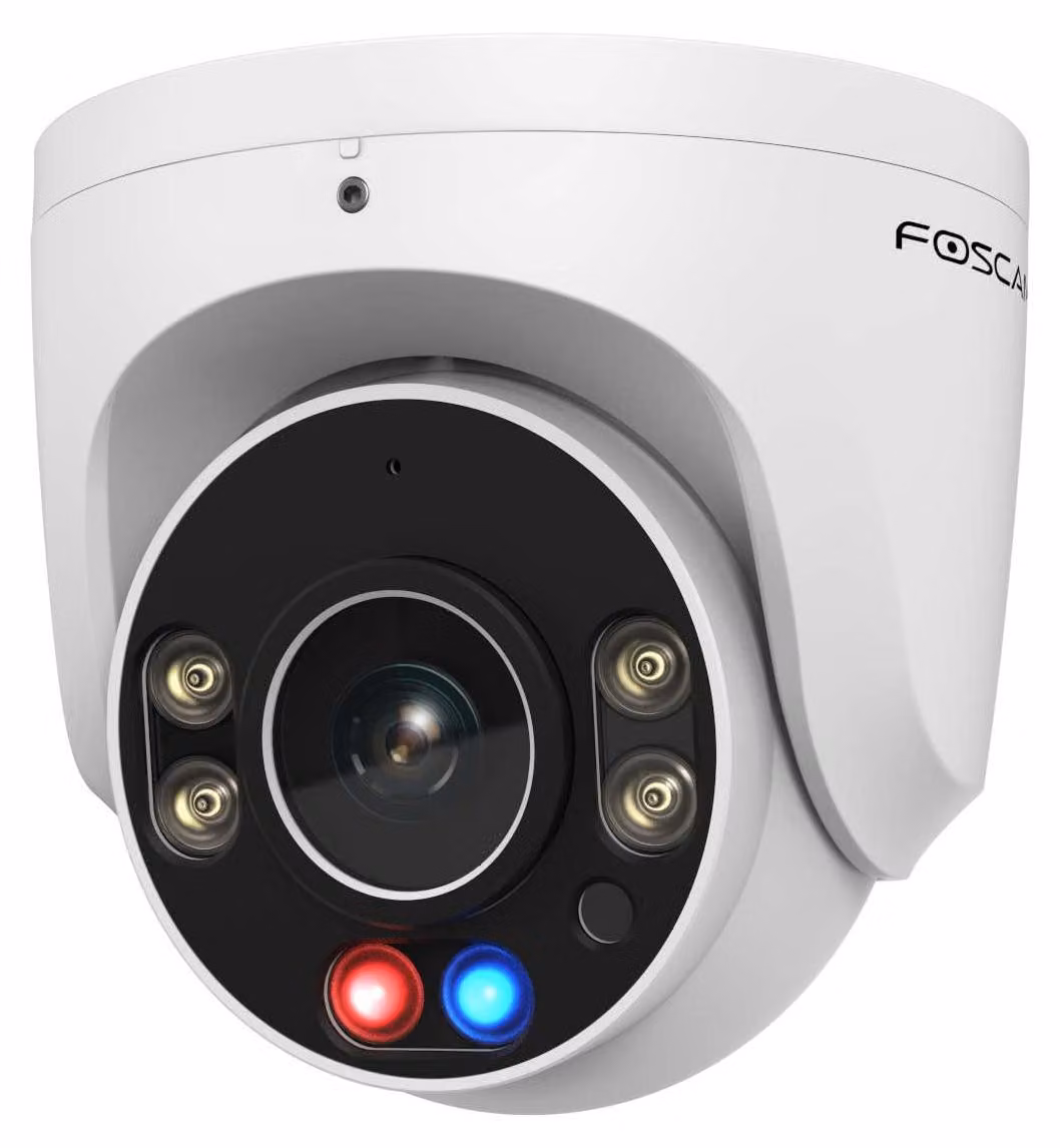 Telecamera di sorveglianza Foscam W5EP da 5 MP con alimentazione PoE, dotata di fari e luci di segnalazione rossa e blu