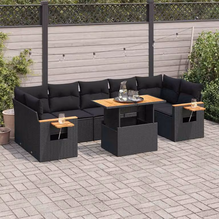 Set Divano da Giardino a L vidaXL in Polyrattan e Legno di Acacia Nero con 8 Cuscini e Tavolino da Esterno