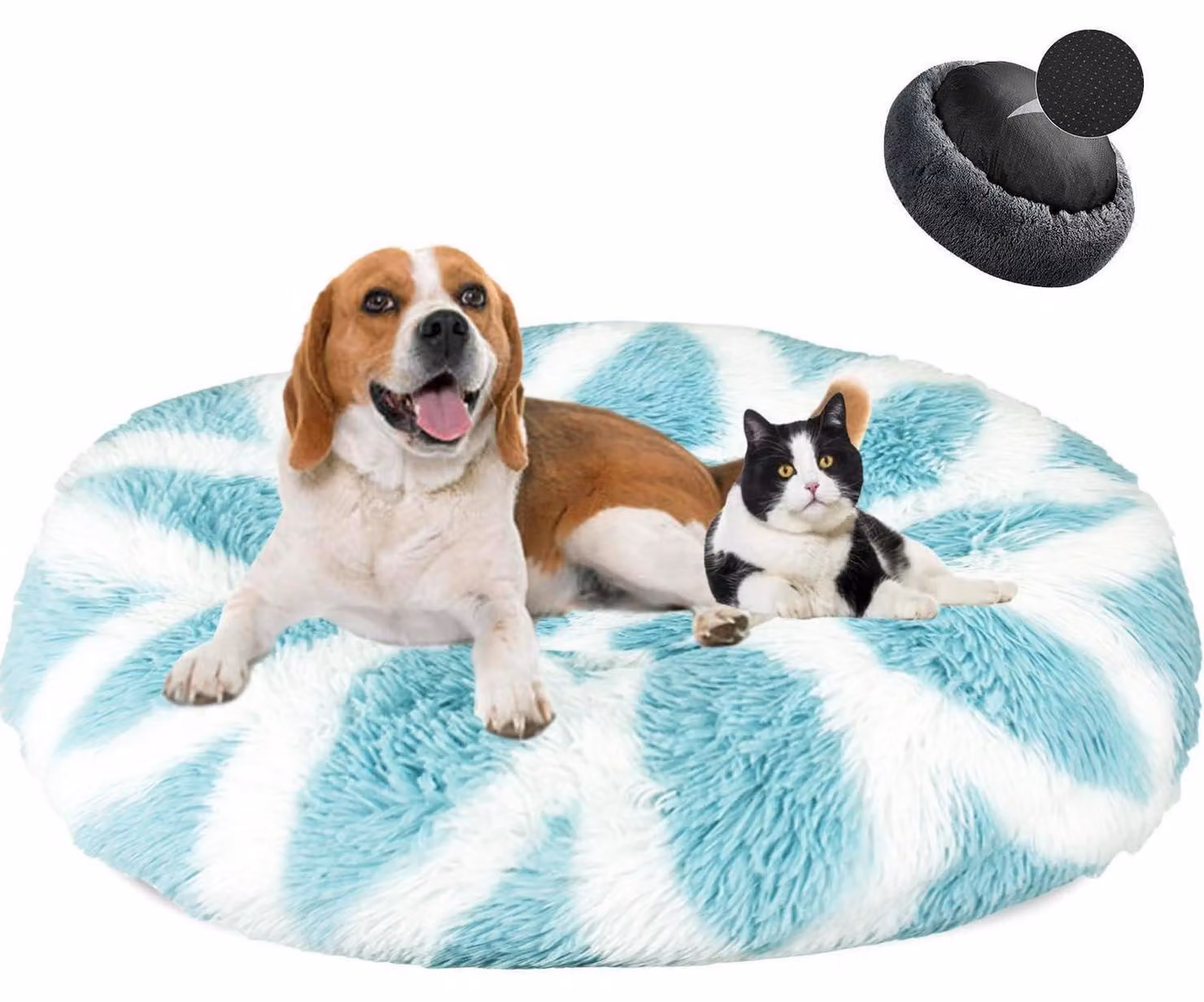 Cuccia per cani a forma di ciambella, in peluche, lavabile, morbida, diametro 110 cm, colore bianco e blu