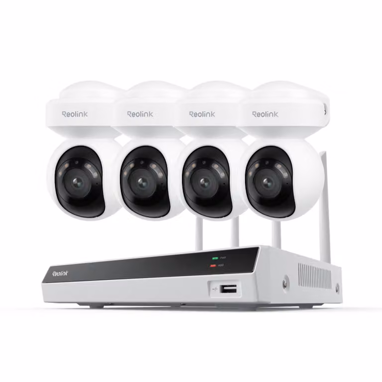 Reolink RLK8-800PT4, NVR 8CH con HDD da 2TB + set di telecamere di sorveglianza da esterno 4X 4K 8MP PT PoE, tracciamento automatico, rilevamento intelligente, registrazione 24/7