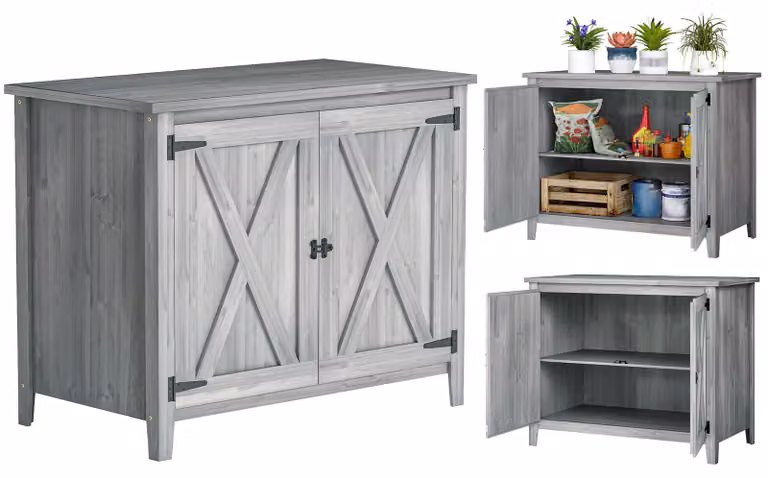 Casetta da giardino in legno Outsunny, casetta per attrezzi 110x60x88,5 cm, casetta da giardino con doppie porte, scaffali, armadio per attrezzi
