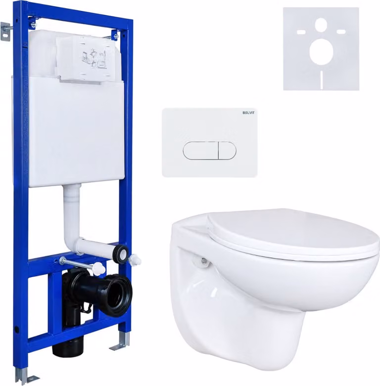 Set completo per WC Belvid EGWWC01Set completo, elemento premontato a parete con cassetta, coperchio a chiusura ammortizzata e piastra di risciacquo 3/6L e WC sospeso, fino a 400 kg