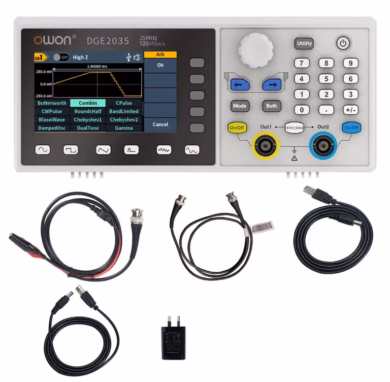 Generatore di funzioni a doppia uscita, 35 MHz, 125 MSa/s, 14 bit, display LCD