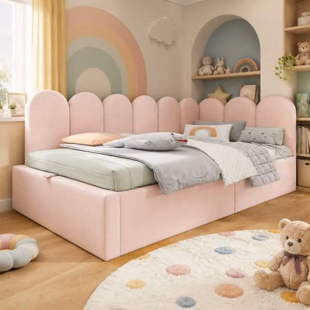 Letto Divano 1 Piazza con Contenitore Idraulico e Spondina in Velluto Rosa, L/P: 90 x 200 cm