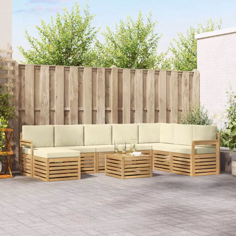 Set di divani da esterno vidaXL 9 pz in legno di acacia con tavolino e pouf, Bianco, Beige e Marrone