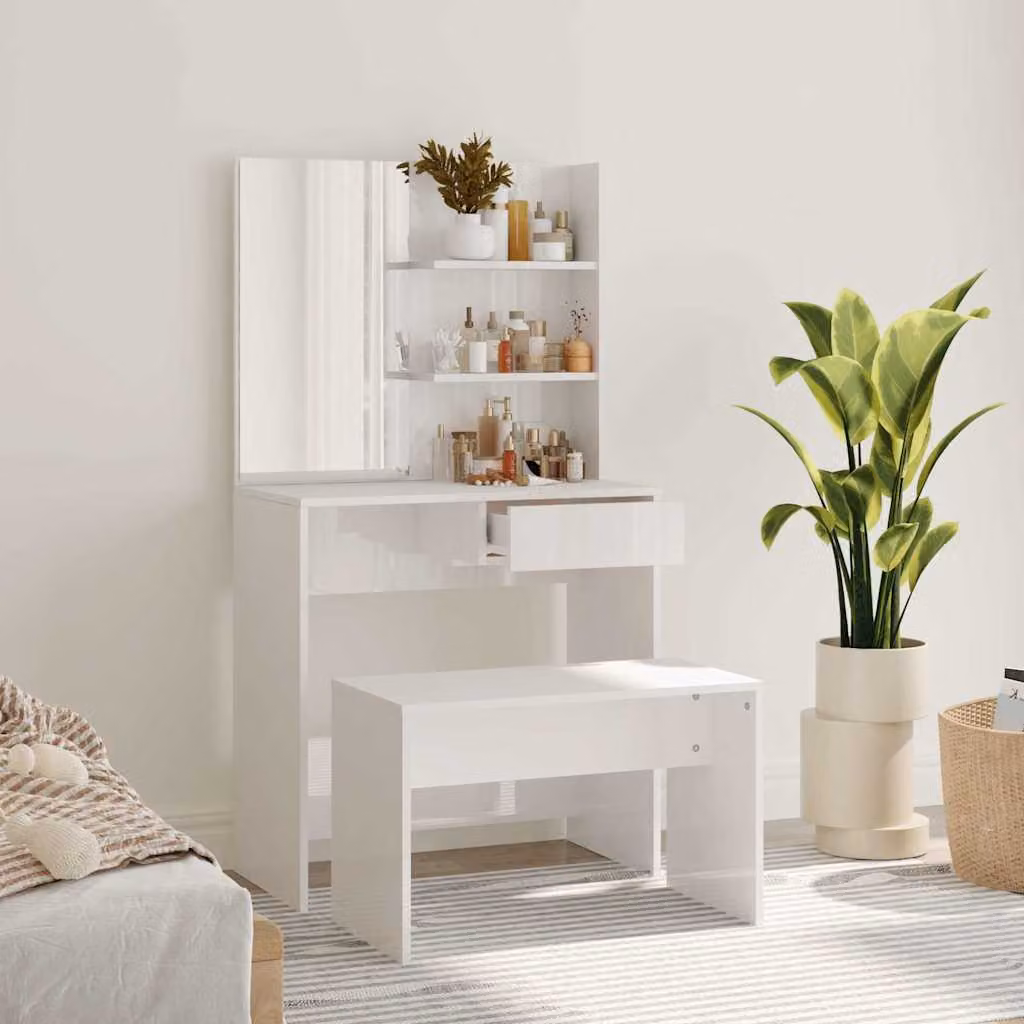 vidaXL Set Tavolo da Toeletta Bianco Lucido L: 74,5 cm, P: 40 cm, H: 141 cm