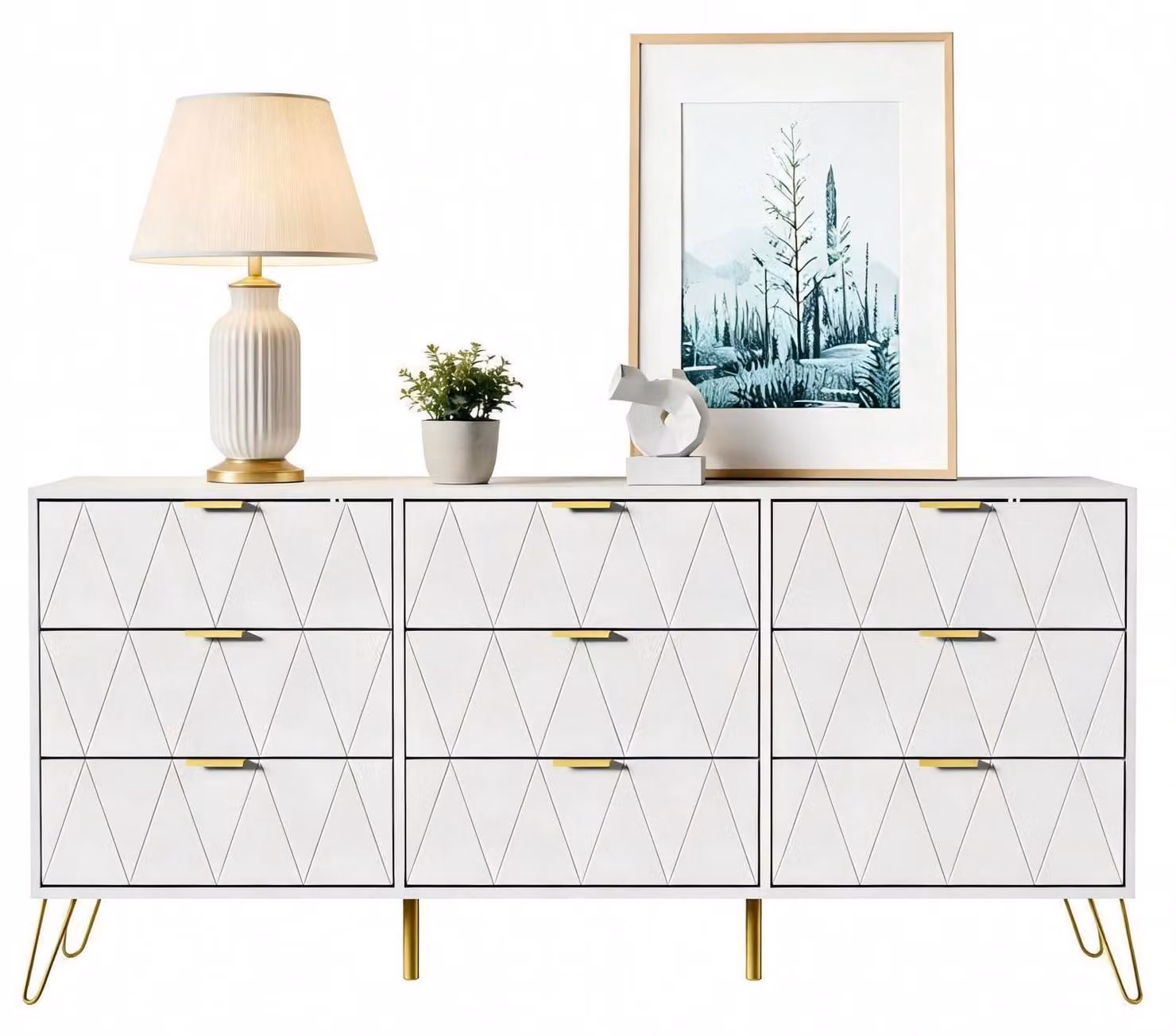 Comodino con 9 cassetti, dimensioni 150x34x74 cm, colore bianco. Mobile contenitore/credenza