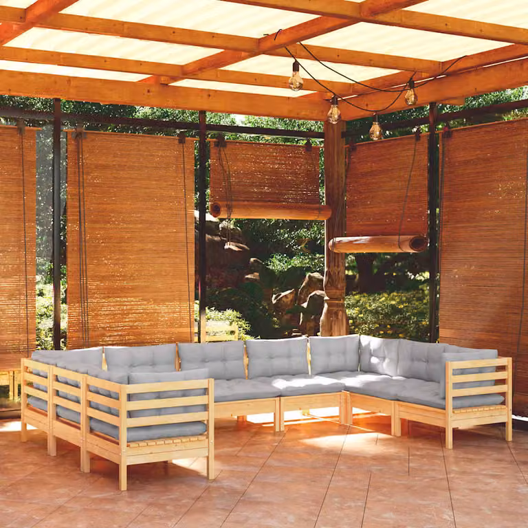 Set di divani da giardino a forma di U vidaXL in legno di pino massello con 9 pezzi e cuscini grigi