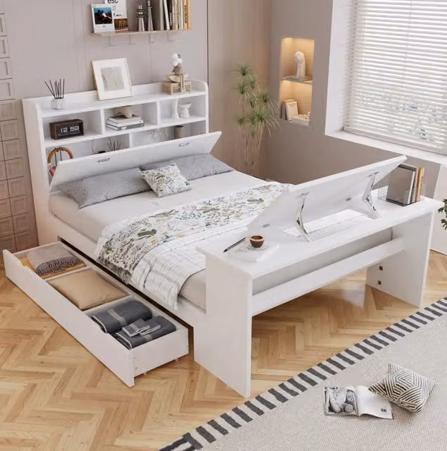 Letto con contenitore e tavolino pieghevole 140x200 cm; bianco