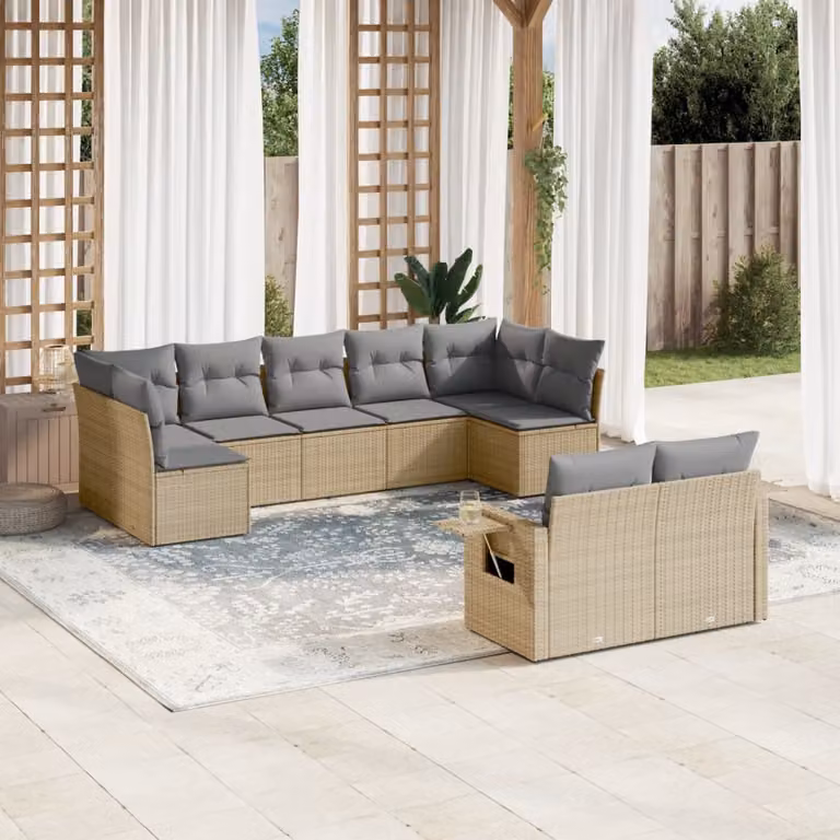 Set Divano da Giardino vidaXL 9 pz in Polyrattan Beige con Cuscini e Tavolino