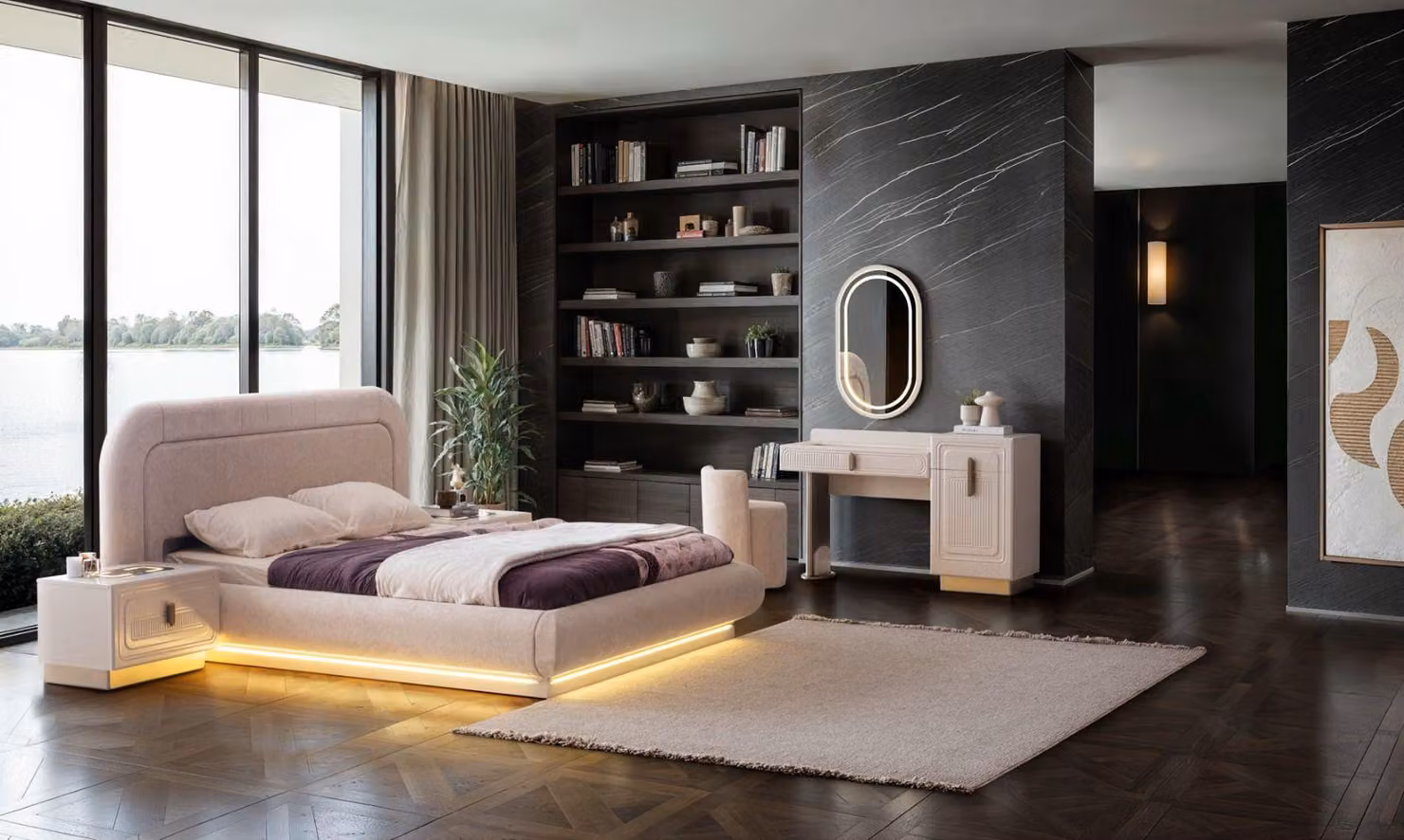 Designer Bett Set mit Nachttisch und Schminktisch mit Spiegel für Schlafzimmer