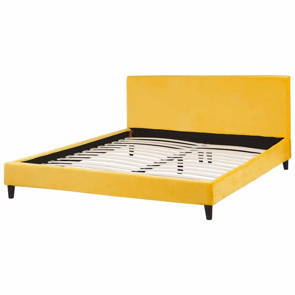 Letto Beliani Super King Size in Velluto Giallo con Rete a Doghe e Struttura Imbottita L/P/H: 180 x 200 x 214 cm – 2