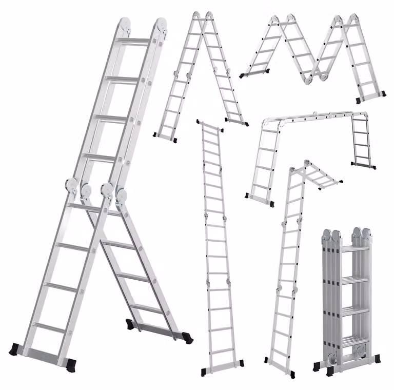 Scala multifunzione in alluminio Ikodm 7in1, con 4 gradini, altezza circa 470 cm / 4,7 metri, scala pieghevole a pantografo con piedini antiscivolo, ideale per uso domestico, portata massima 150 kg